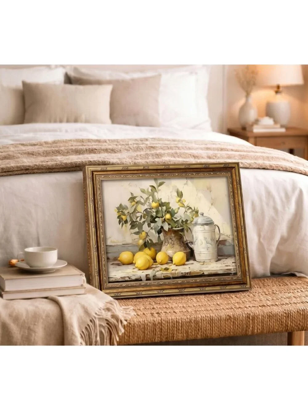 Rustic Vintage Gold Framed Lemon Canvas Wall Art - Farmhouse Kitchen Decor